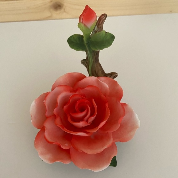 Vintage Coral Pink Porcelain Rose Figurine on Branch with Leaves Blooming Rose - Picture 4 of 9